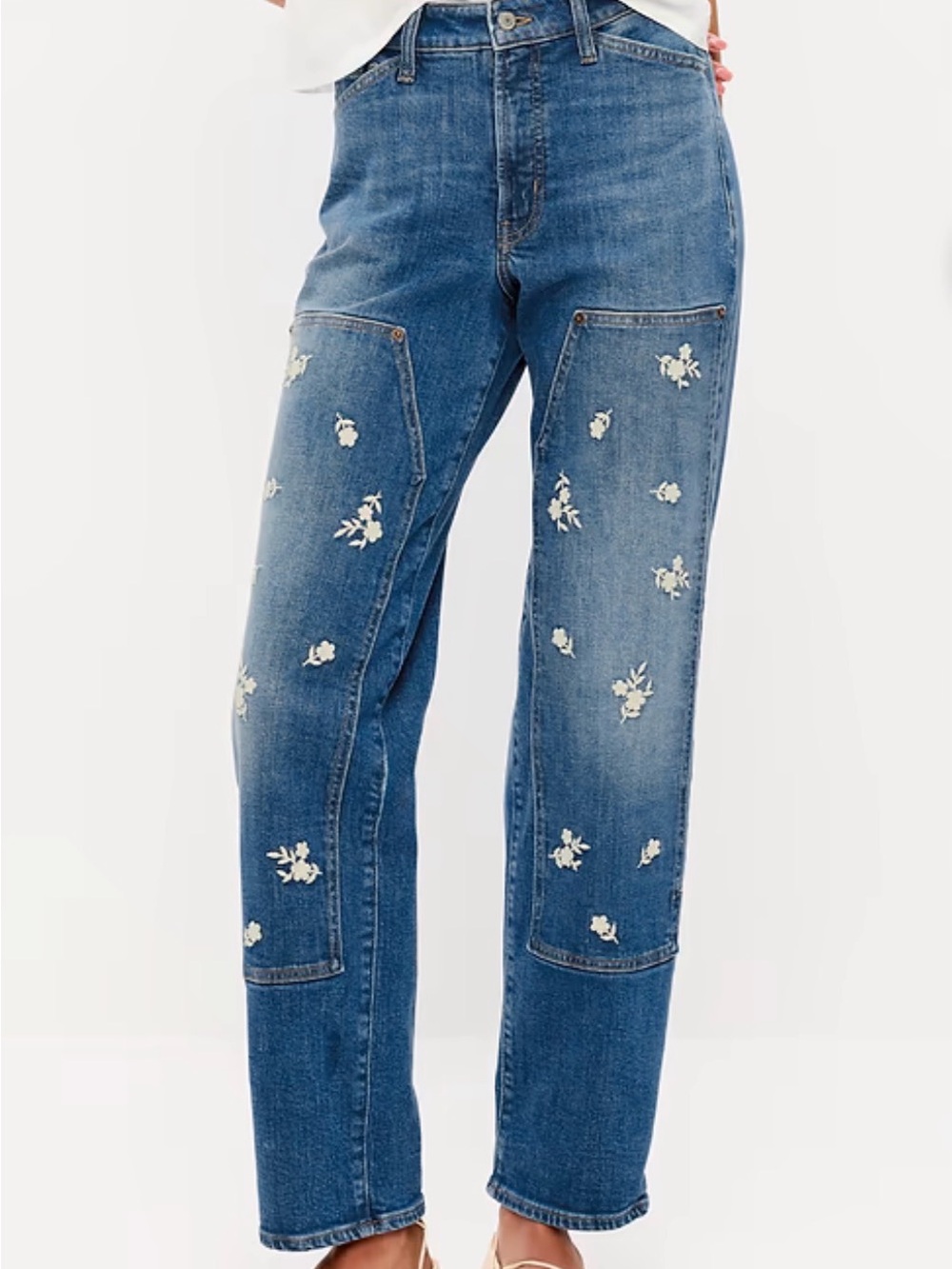 Old Navy Blue Straight-Leg Jeans with White Floral Embroidery